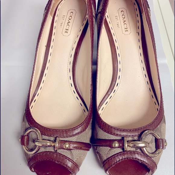 Coach heel wedge brown dress shoe monogram Stella